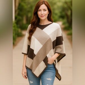 Charter Club Luxury 100% Cashmere Poncho, Colorblock Neutral Geometric Wrap, OS